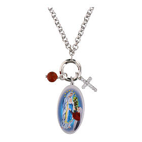 Halskette, AMEN, rhodiniertes Messing, mit roten Jaspis-Perlen, weißen Zirkonia und Darstellung Unserer Lieben Frau von Lourdes