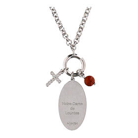 Halskette, AMEN, rhodiniertes Messing, mit roten Jaspis-Perlen, weißen Zirkonia und Darstellung Unserer Lieben Frau von Lourdes