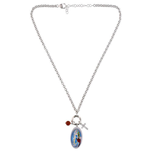 Necklace Amen with charms: red jasper bead, white zirconia and Our Lady of Lourdes medal, rhodium-plated brass 4