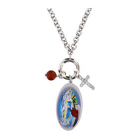 Collana Amen charms diaspro rosso zirconi bianchi Madonna Lourdes ottone rodiato