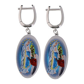 Boucles d'oreilles pendantes en laiton rhodié Notre-Dame de Lourdes Amen