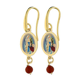 Amen dangling earrings in golden brass with red jasper bead and Our Lady of Lourdes medal