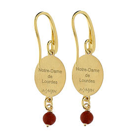 Amen dangling earrings in golden brass with red jasper bead and Our Lady of Lourdes medal