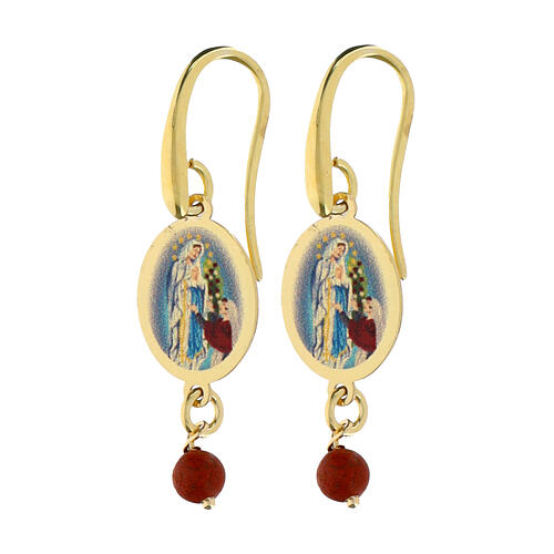 Amen dangling earrings in golden brass with red jasper bead and Our Lady of Lourdes medal 1