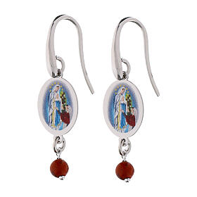 AMEN rhodium-plated brass dangling earrings with red jasper bead and Our Lady of Lourdes medal