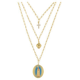 Layered Amen golden brass necklace with white zirconia Our Lady of Fatima medal