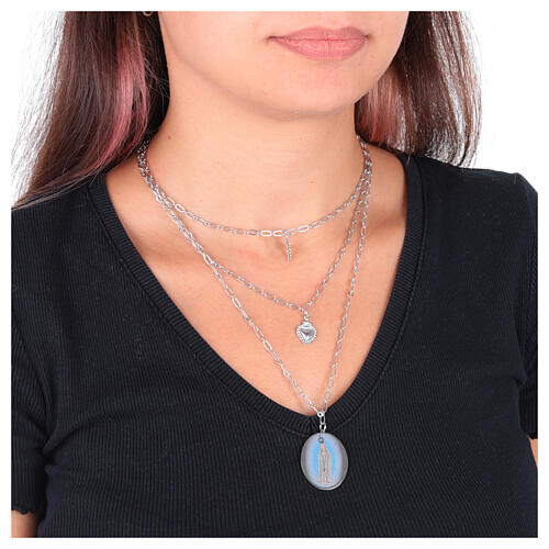 Rhodium-Plated Brass Necklace with White Zircons Madonna of Fatima Medal, Amen 2