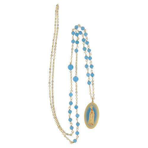 Halskette, Amen, vergoldetes Messing, mit himmelblauen Angelit-Perlen und Darstellung der Gottesmutter von Fatima 2
