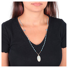 Collana Amen in ottone dorato con grani in angelite celeste Madonna di Fatima