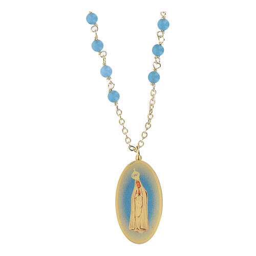Collana Amen in ottone dorato con grani in angelite celeste Madonna di Fatima 1