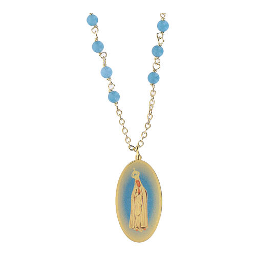 Collana Amen in ottone dorato con grani in angelite celeste Madonna di Fatima 1