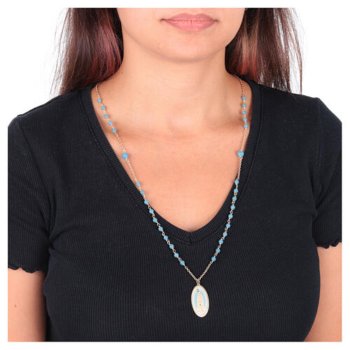 Collana Amen in ottone dorato con grani in angelite celeste Madonna di Fatima 2