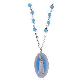 Halskette, Amen, rhodiniertes Messing, mit himmelblauen Angelit-Perlen und Darstellung der Gottesmutter von Fatima