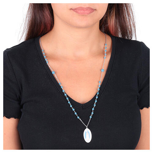 Necklace with sky blue angelite beads Lady of Fatima Amen in rhodium-plated brass 2