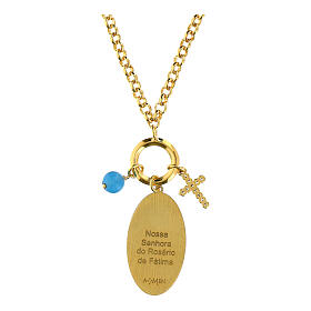 Colar Nossa Senhora de Fátima Amen em latão dourado com ónix preto e zircões brancos