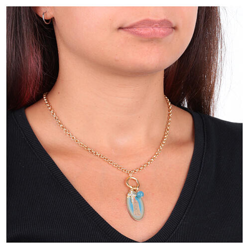 Our Lady of Fatima Brass Necklace in Gold with Black Onyx and White Zircons, Amen 2