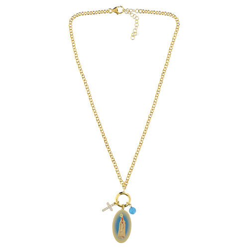 Our Lady of Fatima Brass Necklace in Gold with Black Onyx and White Zircons, Amen 4