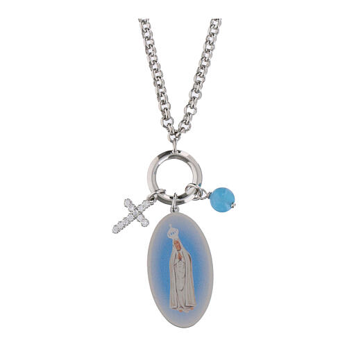 Collier Notre-Dame de Fatima angélite bleu ciel et zircons blancs Amen en laiton rhodié 1