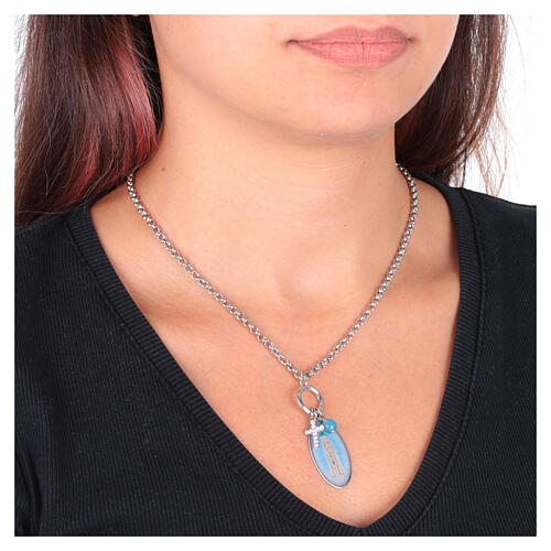 Collier Notre-Dame de Fatima angélite bleu ciel et zircons blancs Amen en laiton rhodié 2