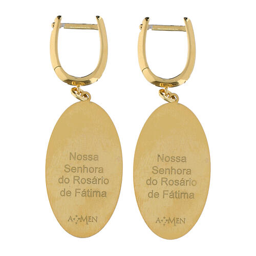 Brincos medalha pendente Amen em latão dourado Nossa Senhora de Fátima 2