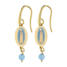 Orecchini pendenti con gemma angelite celeste in ottone dorato Madonna di Fatima