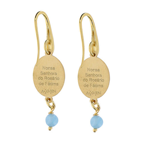 Our Lady of Fatima dangling earrings with light blue angelite gem in golden brass 2