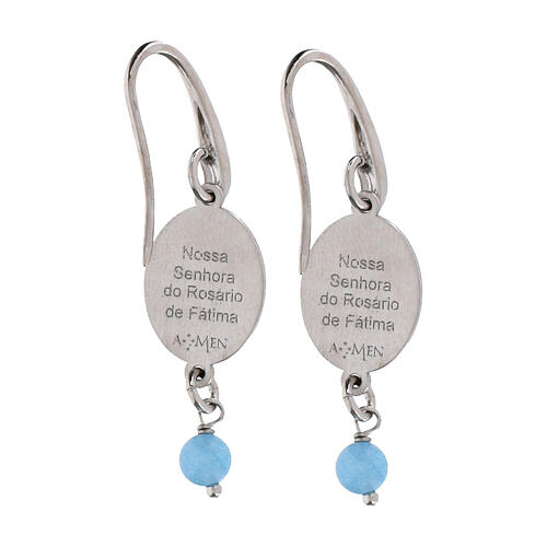 Rhodium-plated brass dagling earrings of Our Lady of Fatima with light blue angelite bead 2