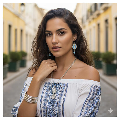 Rhodium-plated brass Our Lady of Fatima pendant earrings with light blue angelite gem 2