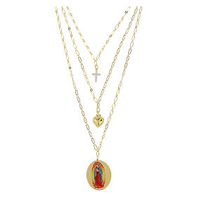 Halskette, mehrreihig, mit Medaille, Unsere Liebe Frau von Guadalupe, Amen, Messing vergoldet, weiße Zirkonia – 40 + 5 cm