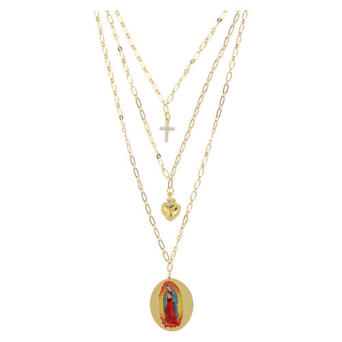 Collar Amen múltiples capas latón dorado zircones blancos medalla Nuestra Señora de Guadalupe 1