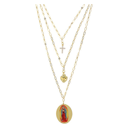 Collana Amen multi strati ottone dorato zirconi bianchi medaglia Nostra Signora Guadalupe 1