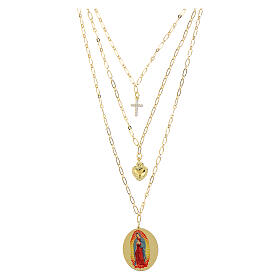 Colar Amen de várias camadas em latão dourado com zircões brancos medalha Nossa Senhora de Guadalupe