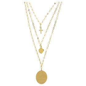 Colar Amen de várias camadas em latão dourado com zircões brancos medalha Nossa Senhora de Guadalupe