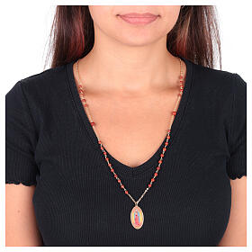 Amen necklace in golden brass with red jasper beads and Our Lady of Guadalupe medal