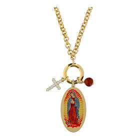 Collar Amen colgantes Nuestra Señora de Guadalupe latón dorado jaspe rojo zircones blancos