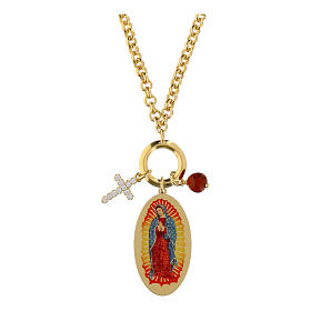 Collana Amen charms Nostra Signora di Guadalupe ottone dorato diaspro rosso zirconi bianchi