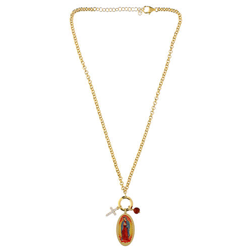 Collana Amen charms Nostra Signora di Guadalupe ottone dorato diaspro rosso zirconi bianchi 3