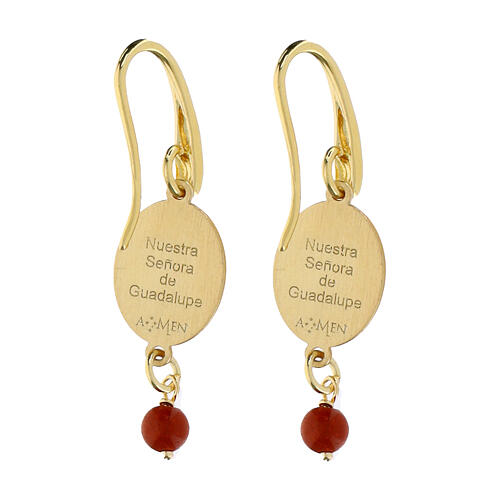 Pendientes colgantes Nuestra Señora de Guadalupe amen de latón dorado grano jaspe rojo 2
