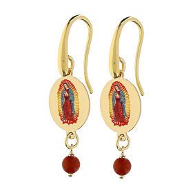 Amen Our Lady of Guadalupe drop earrings in golden brass with red jasper bead