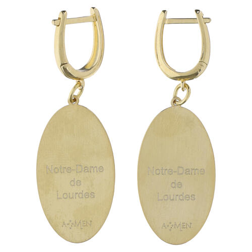 Amen single earring in golden brass with Our Lady of Lourdes oval medal 3