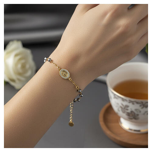 Bracciale Medaglia Miracolosa zirconi grani ematite argento 925 Benedictus 2
