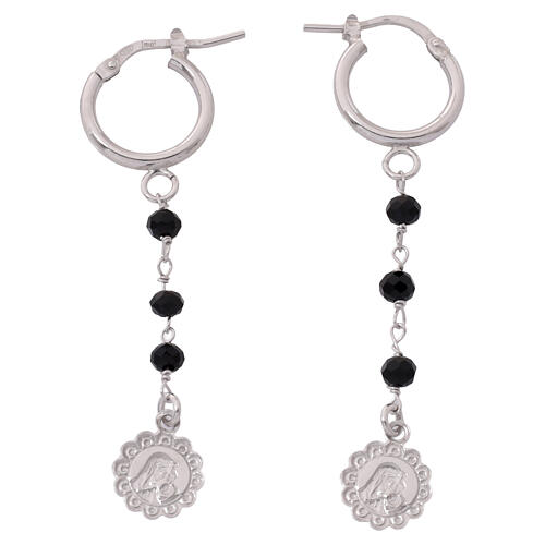 Benedictus earrings with black crystal bead and Madonna with Child medal, rhodium-plated 925 silver 3