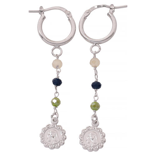 Boucles d'oreilles argent 925 rhodié Vierge à l'Enfant perles multicolores Benedictus 1