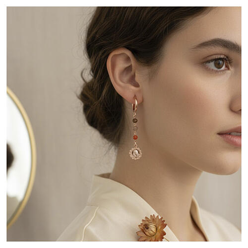Virgin Mary Earrings orange brown beads 925 silver rose Benedictus 2