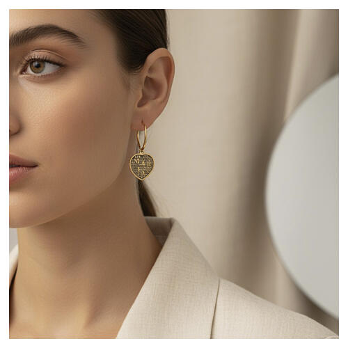 Ave Maria Golden Hoop Heart Earrings, Benedictus 925 Silver 2