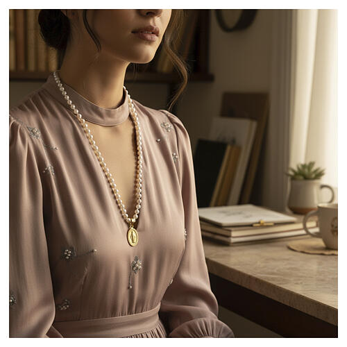 Miraculous Medal Necklace, gold-plated 925 silver with mother-of-pearl beads, Benedictus 2