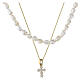 Benedictus double necklace with natural pearls and white rhinestone cross, gold-finished silver s1