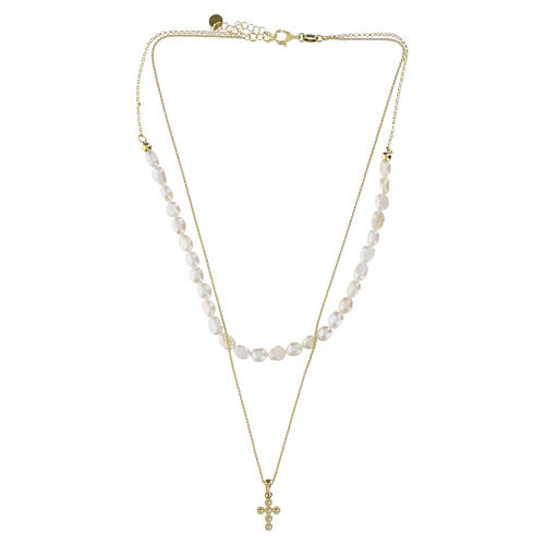 Collar doble perlas naturales cruz zircones blancos plata dorada Benedictus 5
