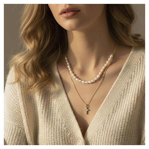 Collier double perles naturelles et croix sertie de zircons blancs argent doré Benedictus 2