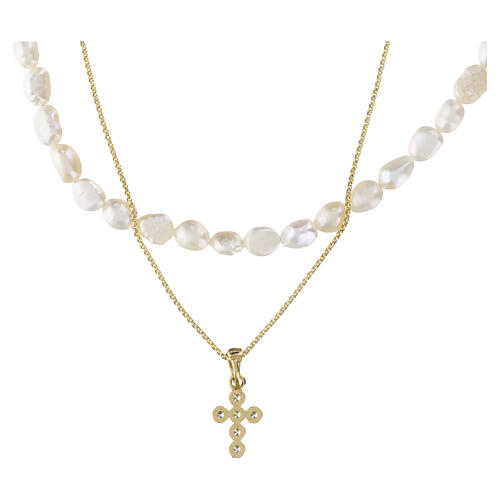 Collier double perles naturelles et croix sertie de zircons blancs argent doré Benedictus 4